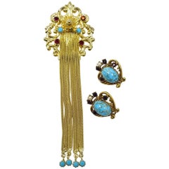 Retro 4 ¾” Long Tassels Brooch & Signed Florenza Earrings