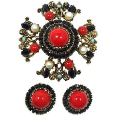 Vintage Signed Karu Arke Red Cabochons & Faux Pearls Brooch/Pendant & Earrings