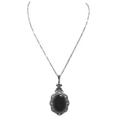 Vintage Deco Onyx, Marcasites & Sterling Silver Pendant Necklace
