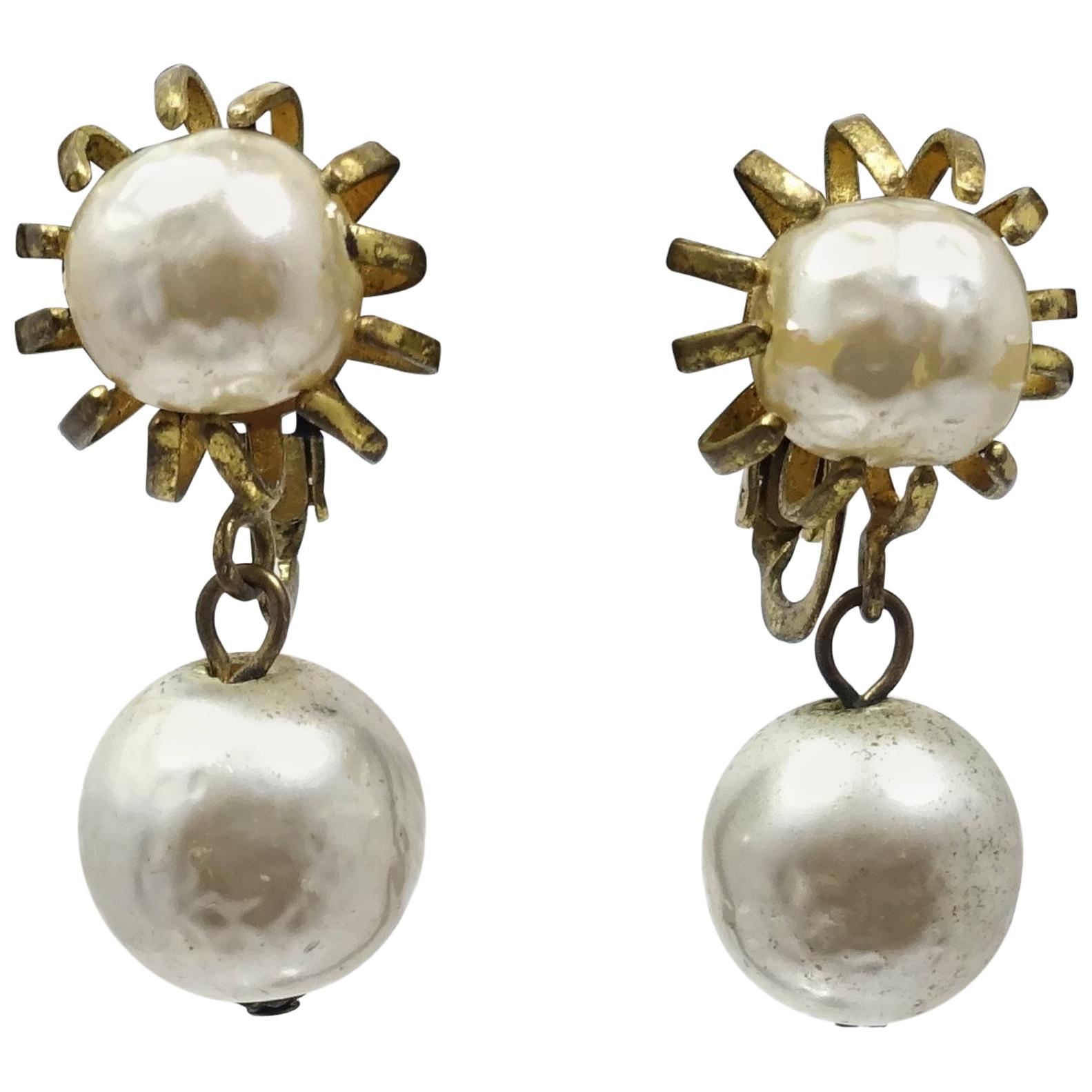 Vintage Signed Miriam Haskell Faux Pearl Drop Earrings For Sale
