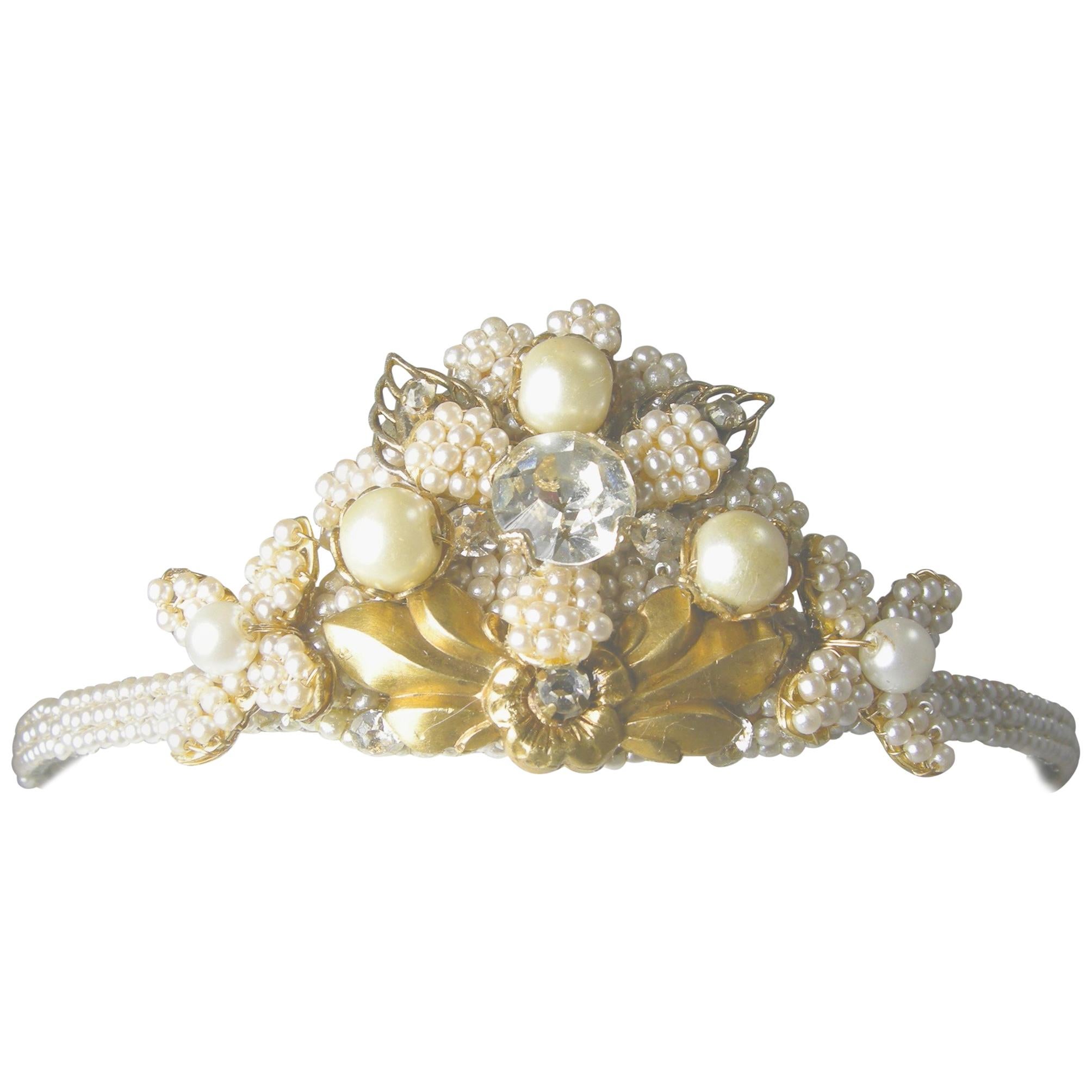 Rare Vintage Miriam Haskell Faux Pearl Tiara/Headband For Sale