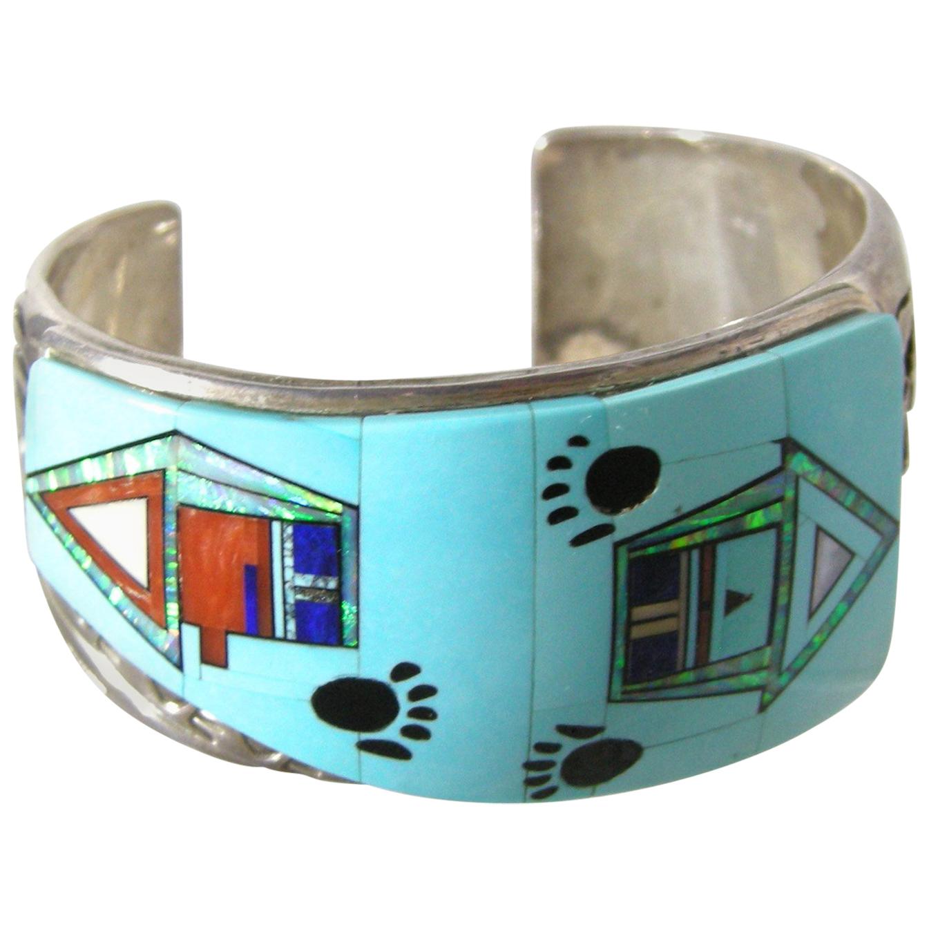 Vintage Zuni Sterling Silver Inlaid Turquoise Paw Cuff For Sale