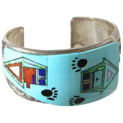 Vintage Zuni Sterling Silver Inlaid Turquoise Paw Cuff