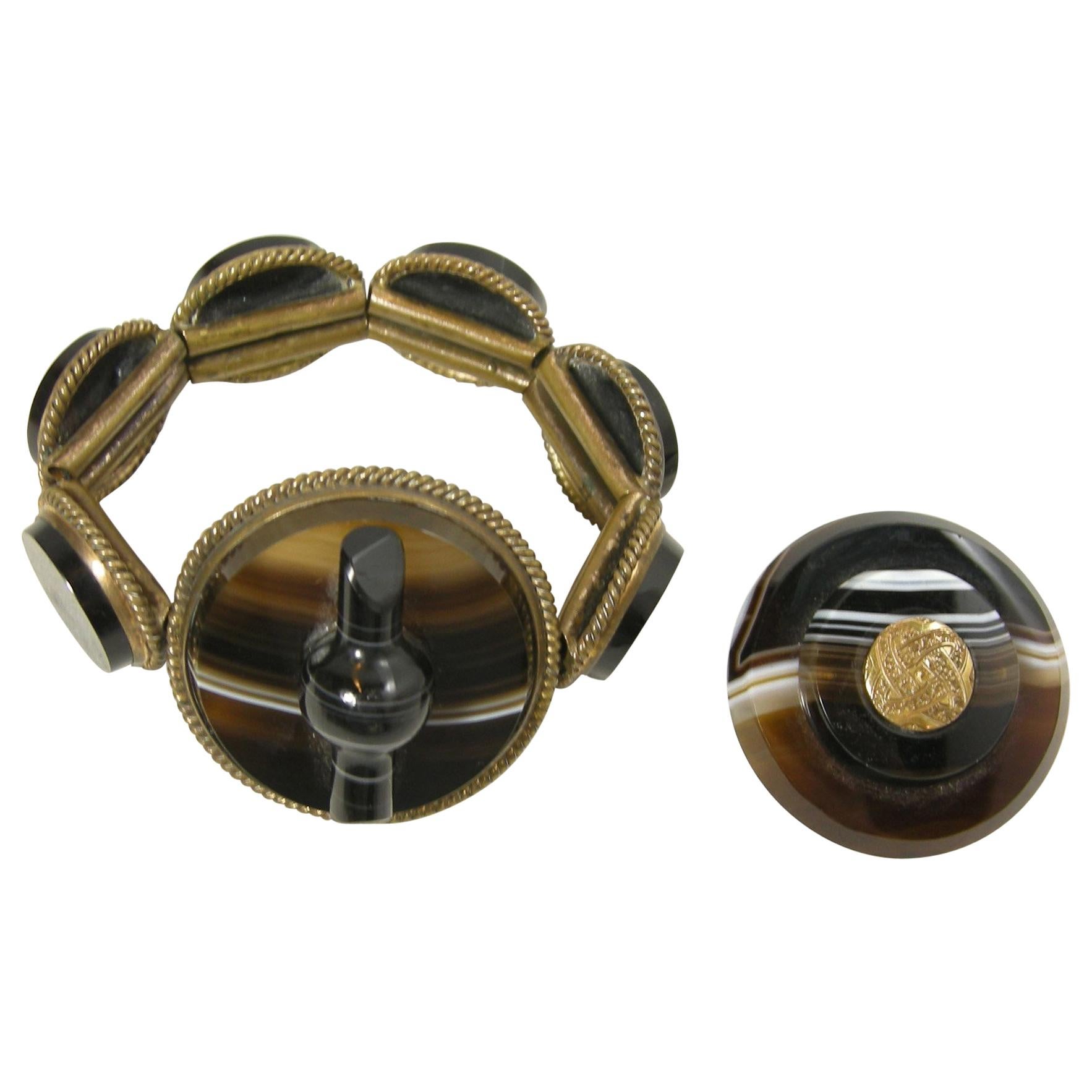 Vintage Victorian Rare Scottish Banded Agate Bracelet & Pin Set
