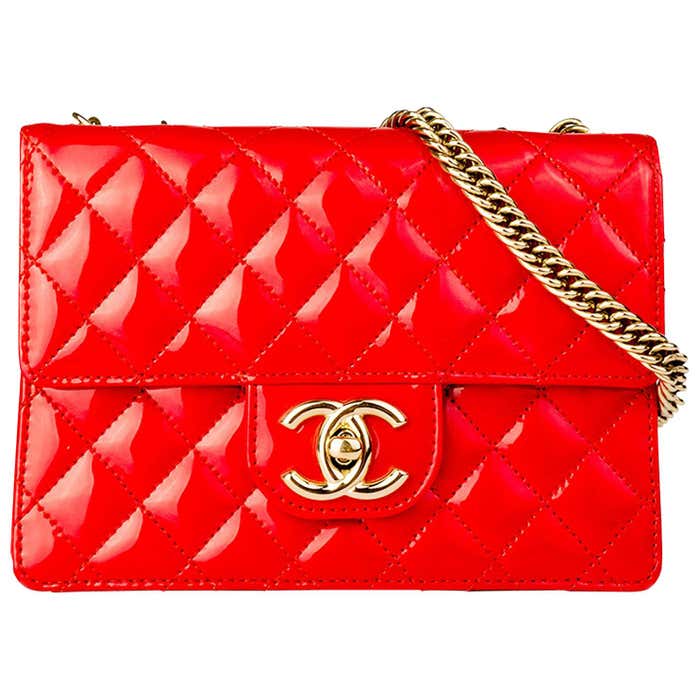 Chanel Bright Red Micro Mini Patent Leather Classic Flap Bag For Sale ...