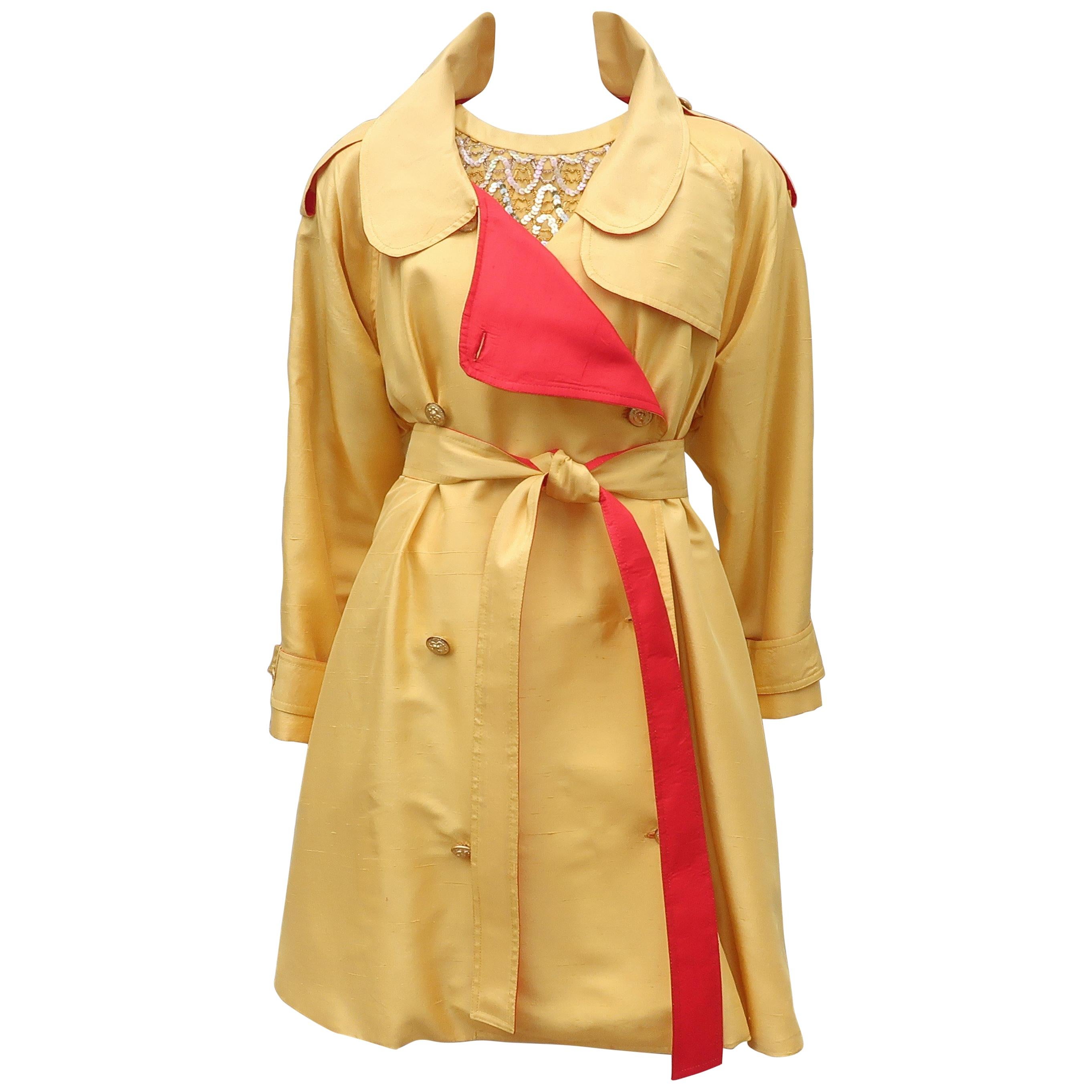 1980's Yellow & Red Shantung Silk Sequin Dress & Trench Coat Set