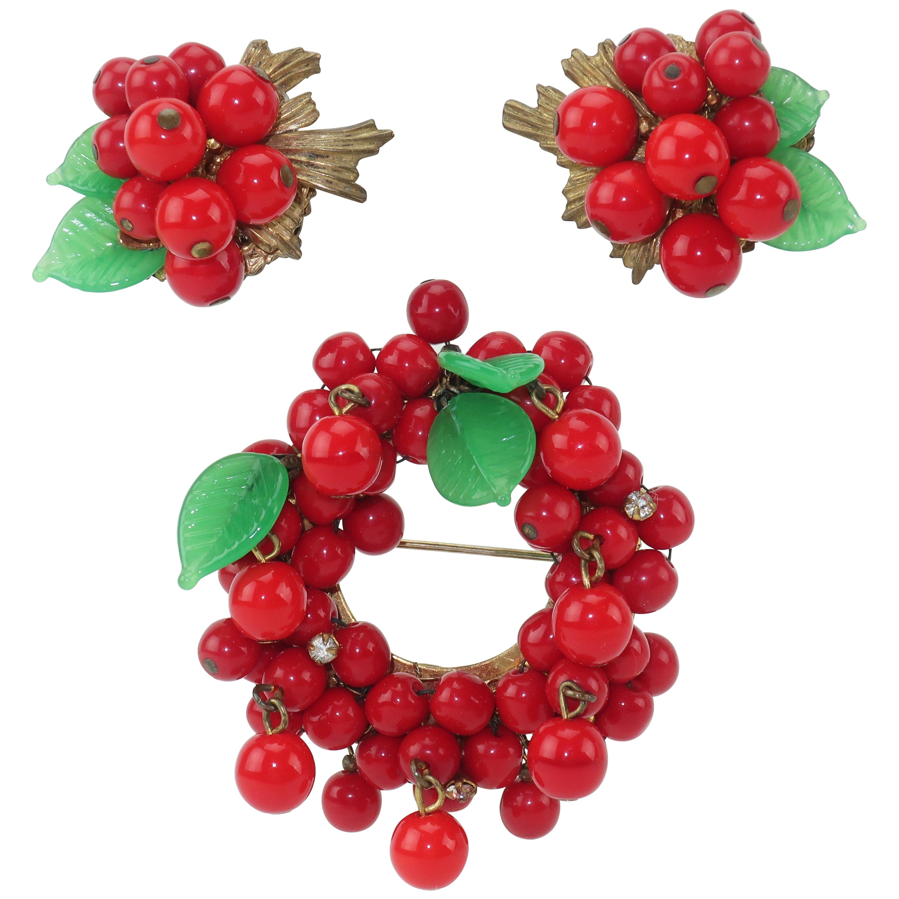 C.1950 Miriam Haskell Red Glass Bead Berries Brooch & Earrings Set