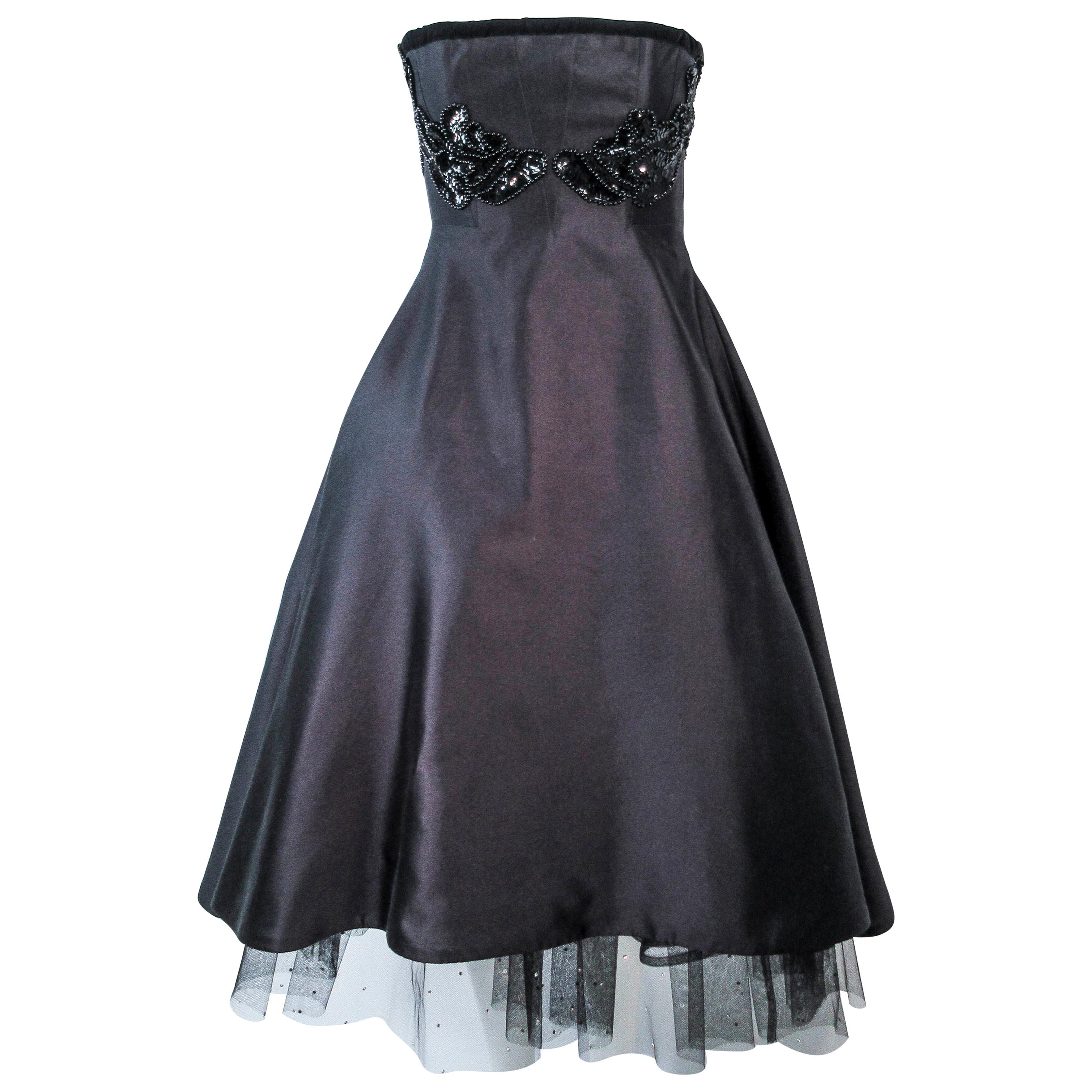 ELIZABETH MASON COUTURE Custom Vintage Black Silk Cocktail Dress Embellished