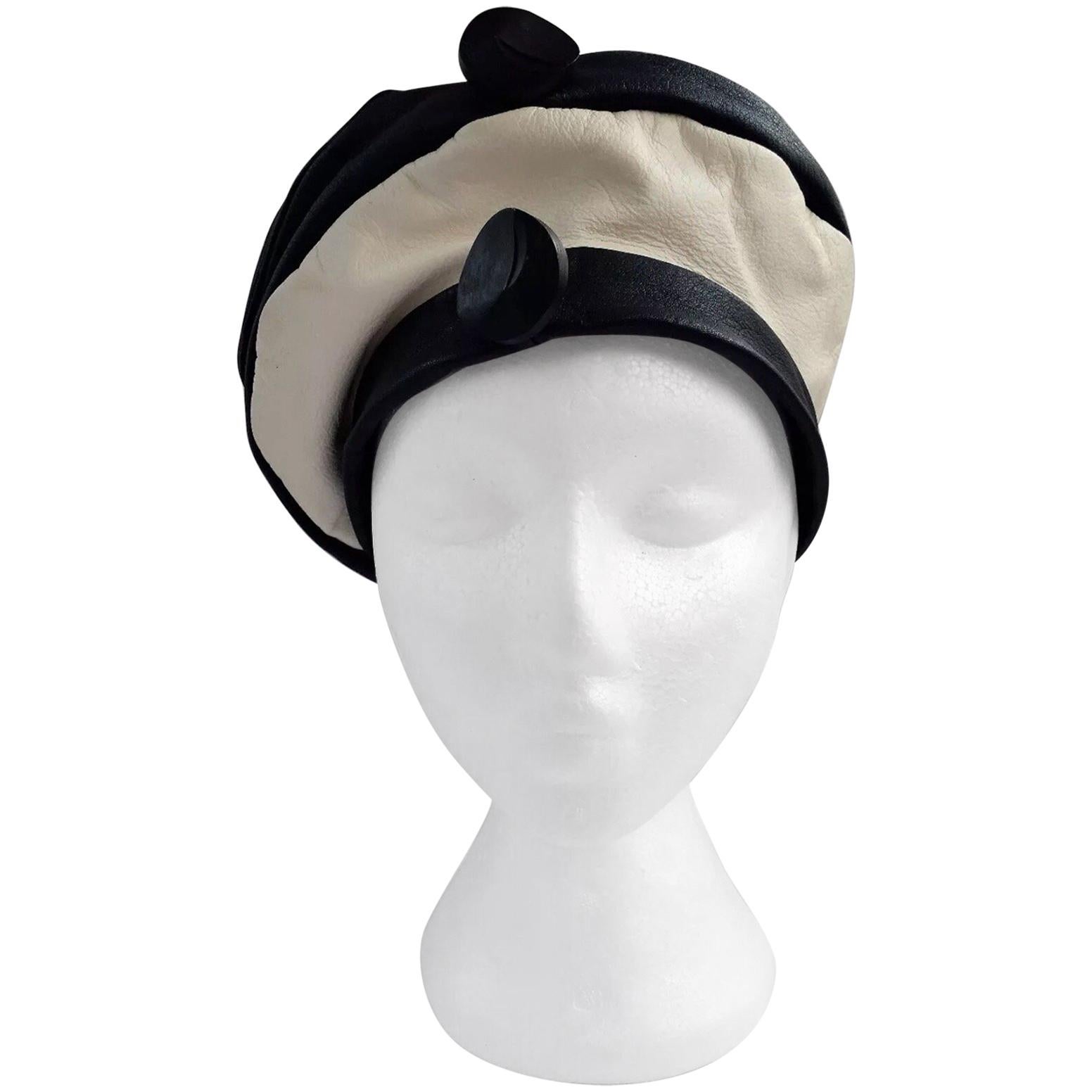 1960s Navy and White Leather Beret Hat