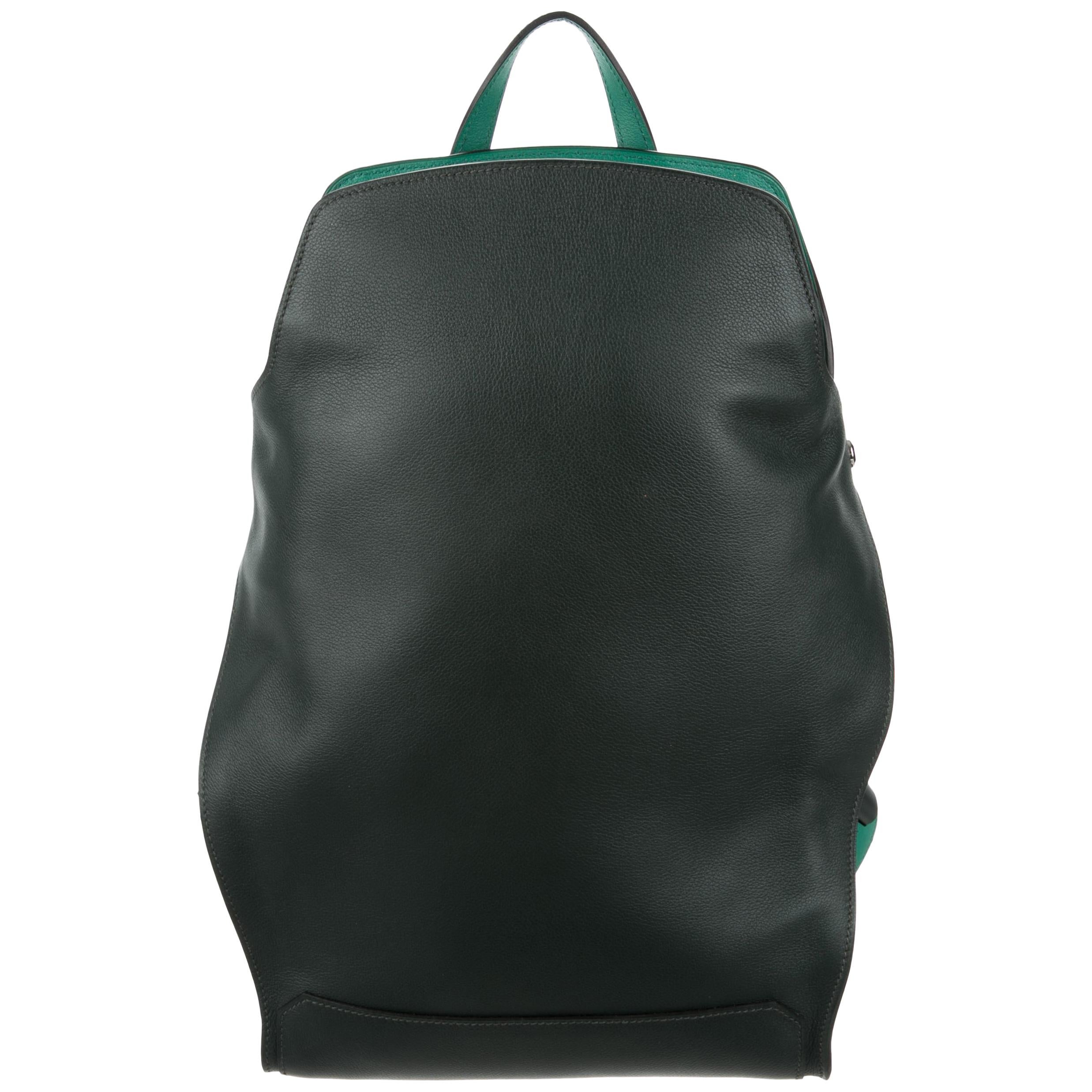 Hermes Black Green Leather Backpack Travel Shoulder Bag 