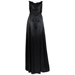 Vintage Embroidered Black Satin Couture Evening Gown, Circa 1960