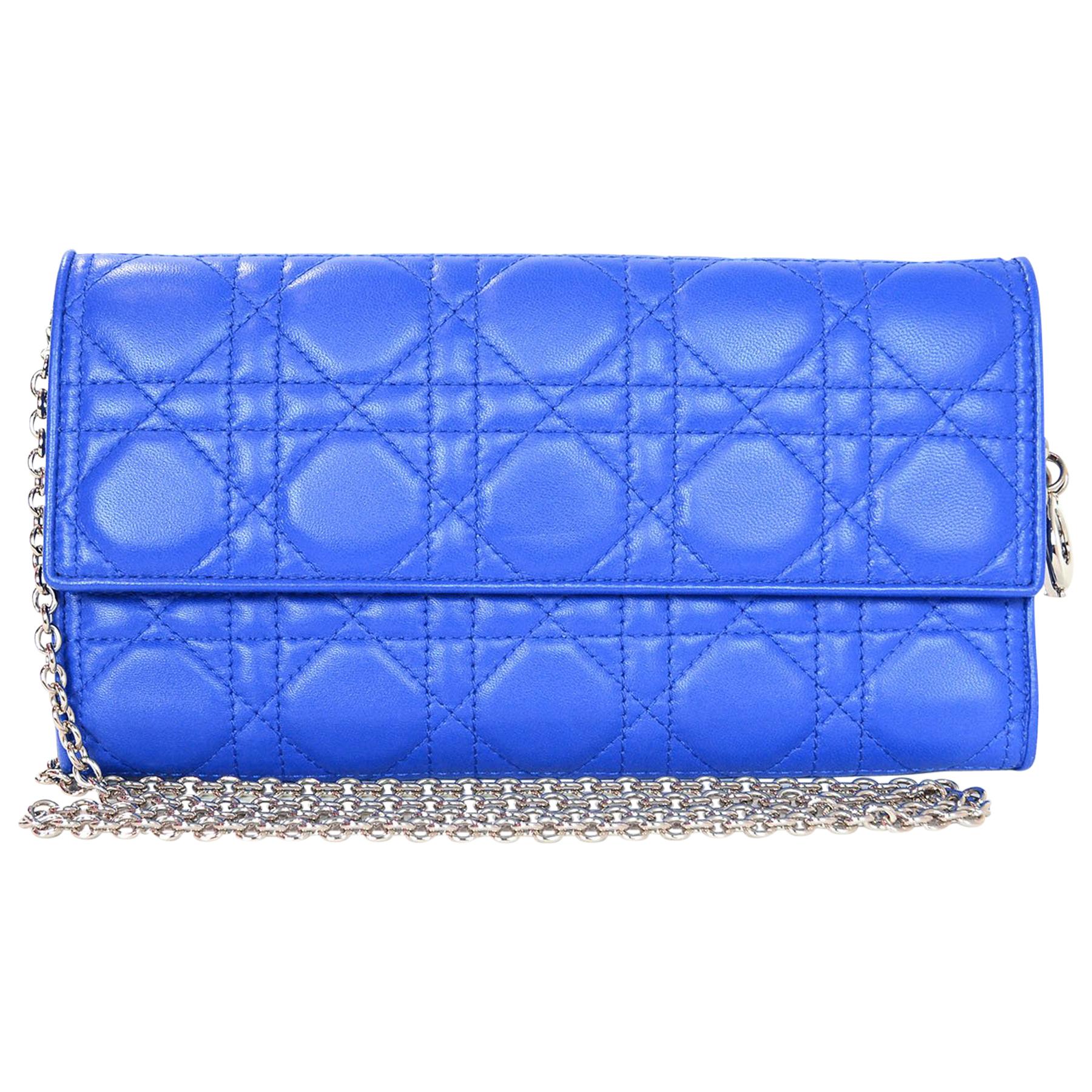 Christian Dior Cobalt Blue Cannage Rendezvous Wallet On Chain WOC Crossbody Bag