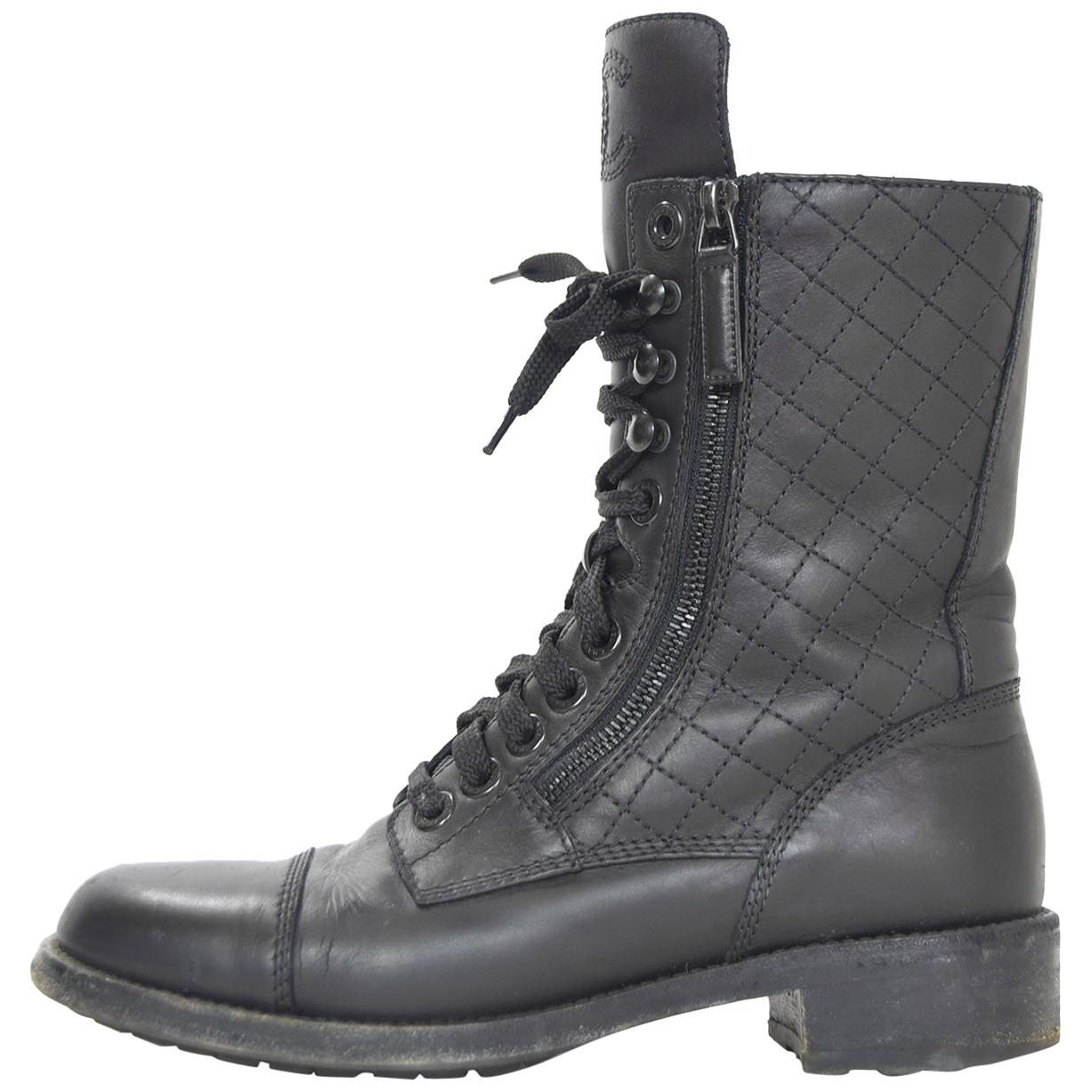 Chanel Black Quilted Leather CC Combat Boots Sz 38.5 w. Box & Dust Bag