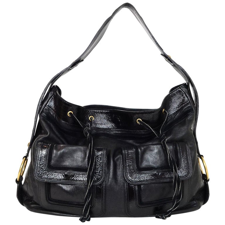 Yves Saint Laurent YSL Black Leather Drawstring Hobo Bag For Sale at