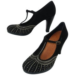 Chie Mihara Black Suede Art Deco Style T Strap Shoes Sz 38