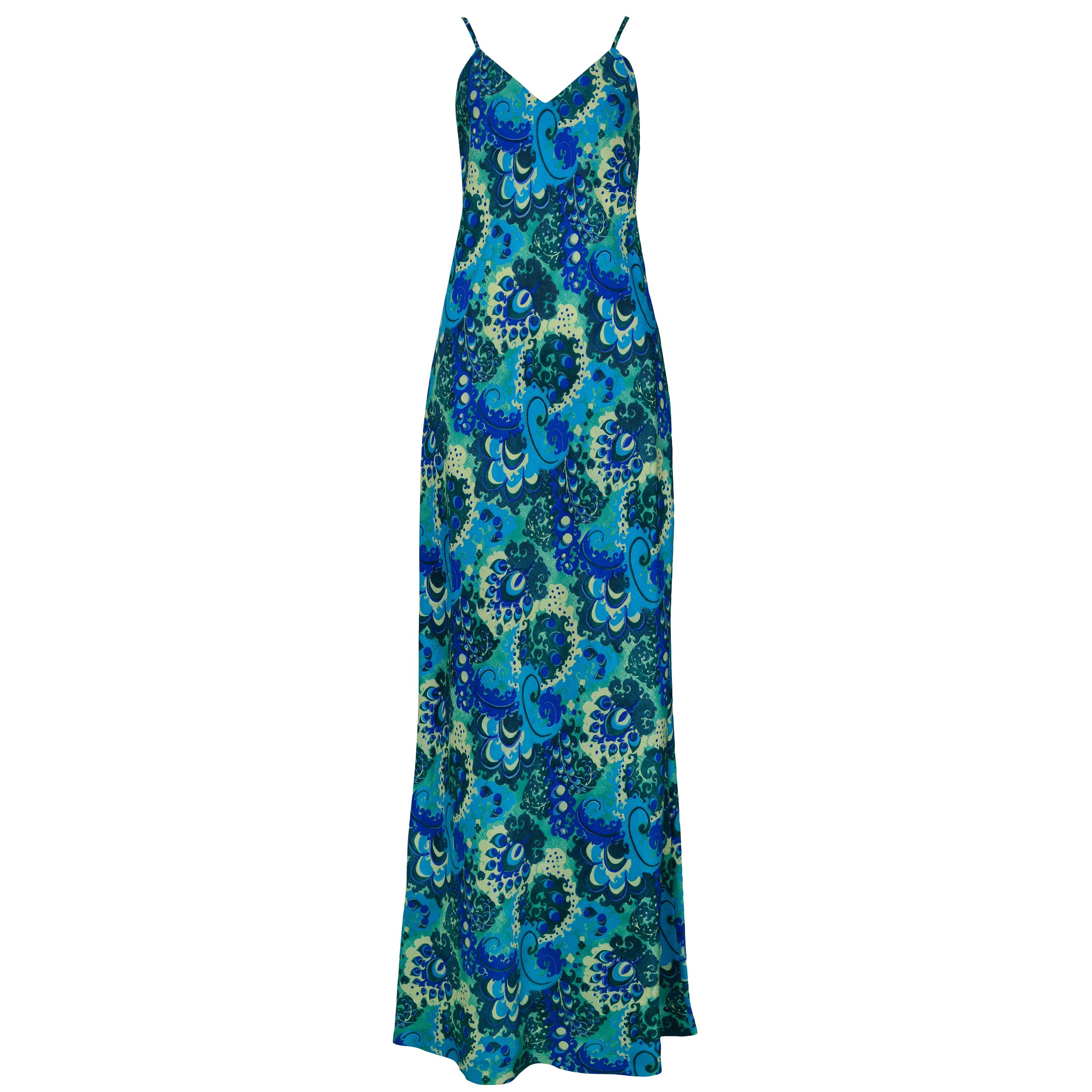 Vintage Dries Van Noten Teal Blue & Green Floral Slip Dress, 1997  For Sale