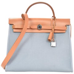 Hermes Blue & Tan Toile Officer Vache Hunter Herbag Zip 31 PM Bag