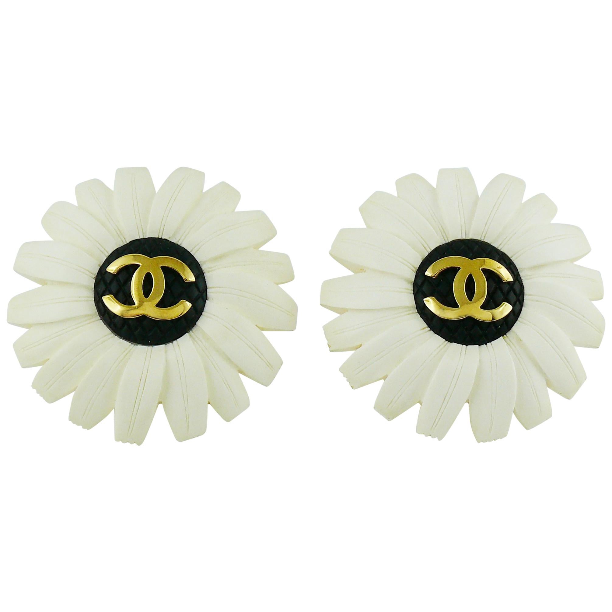 Chanel Vintage Oversized White Resin Flower with CC Clip-On Earrings