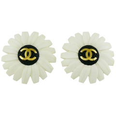 Chanel Vintage Oversized White Resin Flower with CC Clip-On Earrings