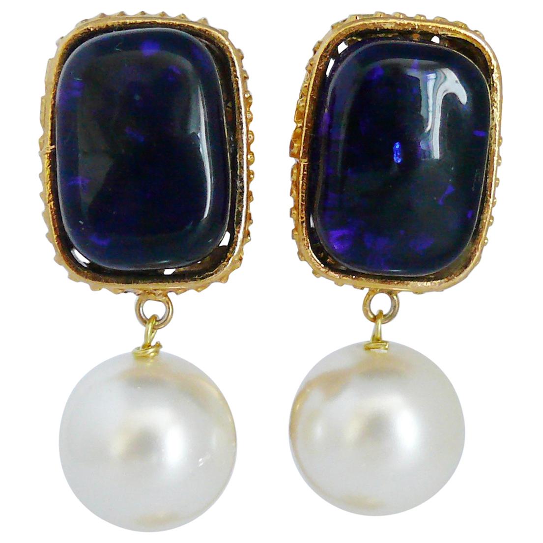 Chanel Vintage Gripoix Blue Pate de Verre and Faux Pearl Dangling Earrings
