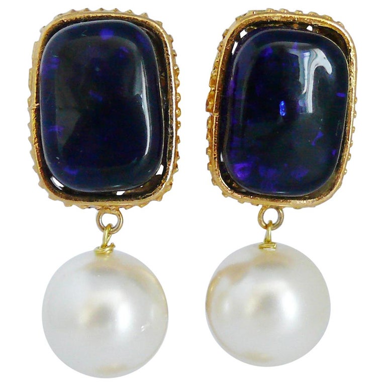 Chanel Vintage Gripoix Blue Pate de Verre and Faux Pearl Dangling Earrings  at 1stDibs