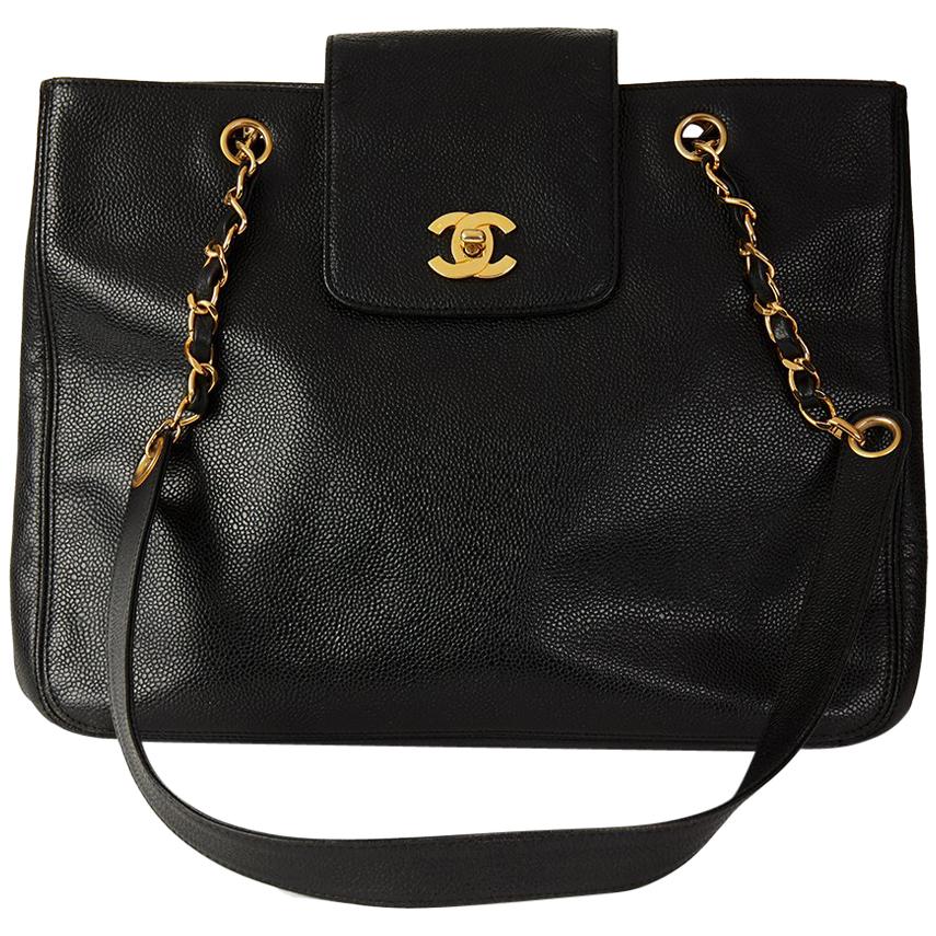 Chanel Black Caviar Leather Vintage Classic Shoulder Bag 