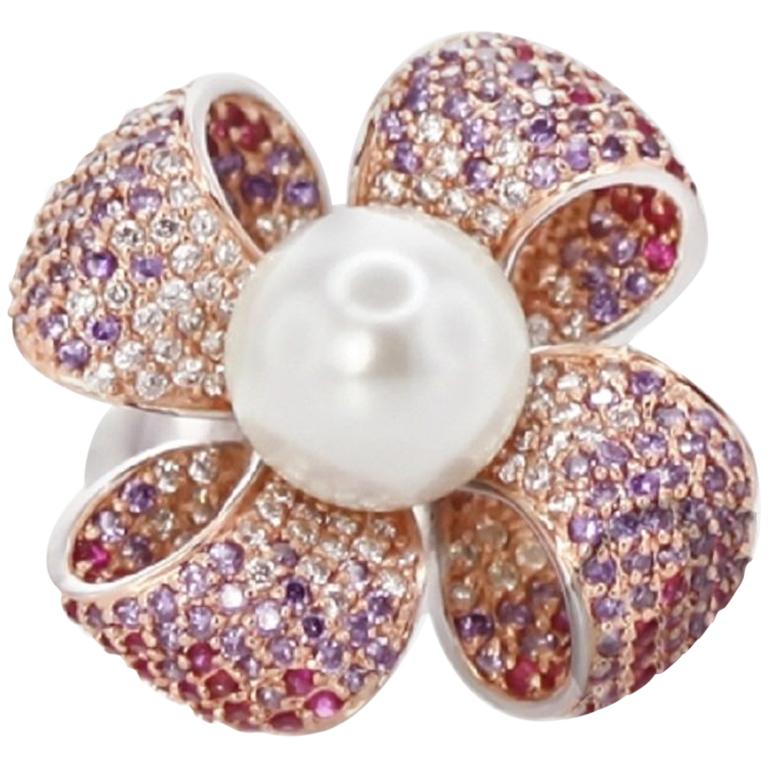 White Glass Pearl Fine Sterling Silver Cocktail Ring by Feri For Sale