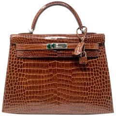 HERMES Sac KELLY 32 Sellier Croco Porosus Miel Leather, 2009 