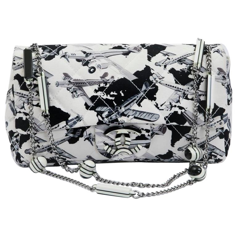 Chanel Flap Bag in Ecru Canvas with Gray and Black Print 