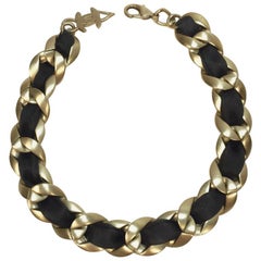 Chanel Choker Necklace in Matte Gold Chain Metal Interlaced with Black Ribbon