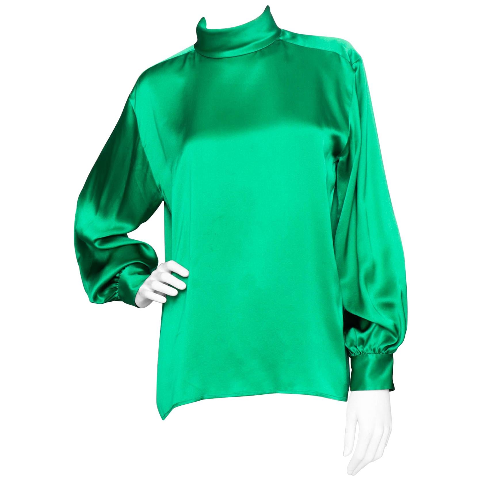 A 1980s Vintage Yves Saint Laurent Rive Gauche Green Silk Blouse
