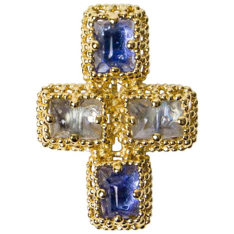YSL Cross Pendant Brooch with Two Tones of Blue Cabochons 