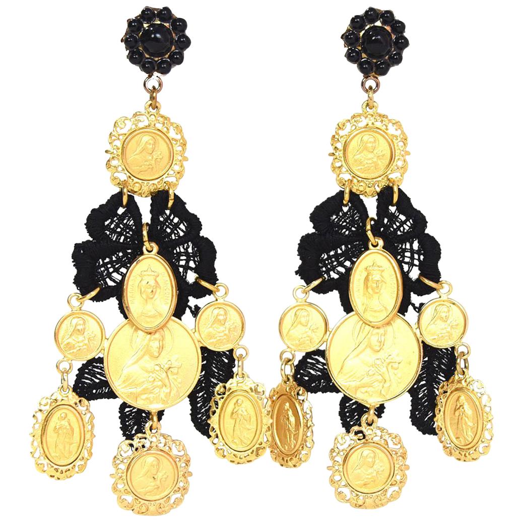 Dolce & Gabbana Gold-Plated Resin & Macrame Lace Chandelier Clip-On Earrings