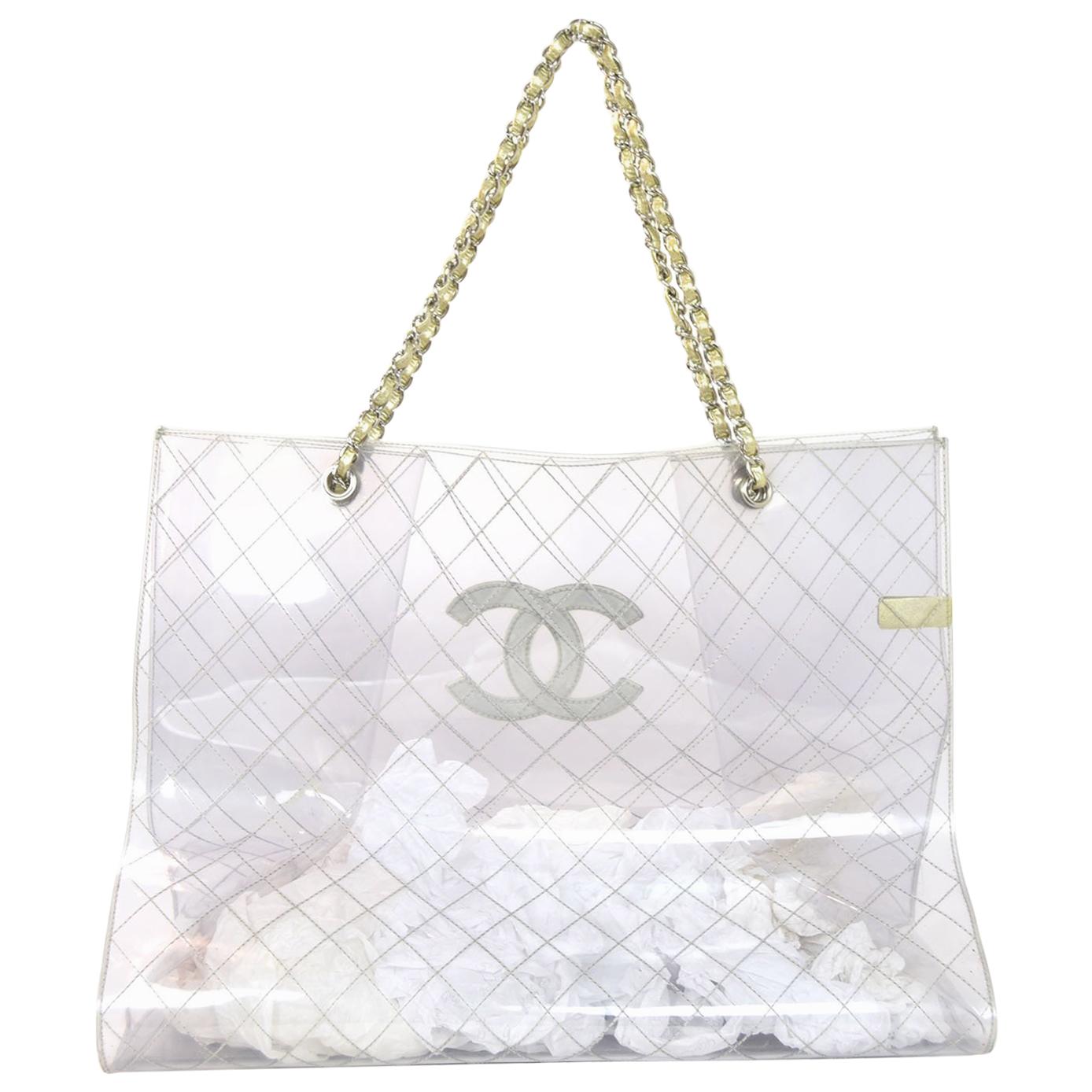 Chanel Rare Vintage 1990s Xxxl Oversized See Through Naked Gold Accent Pvc  Tote