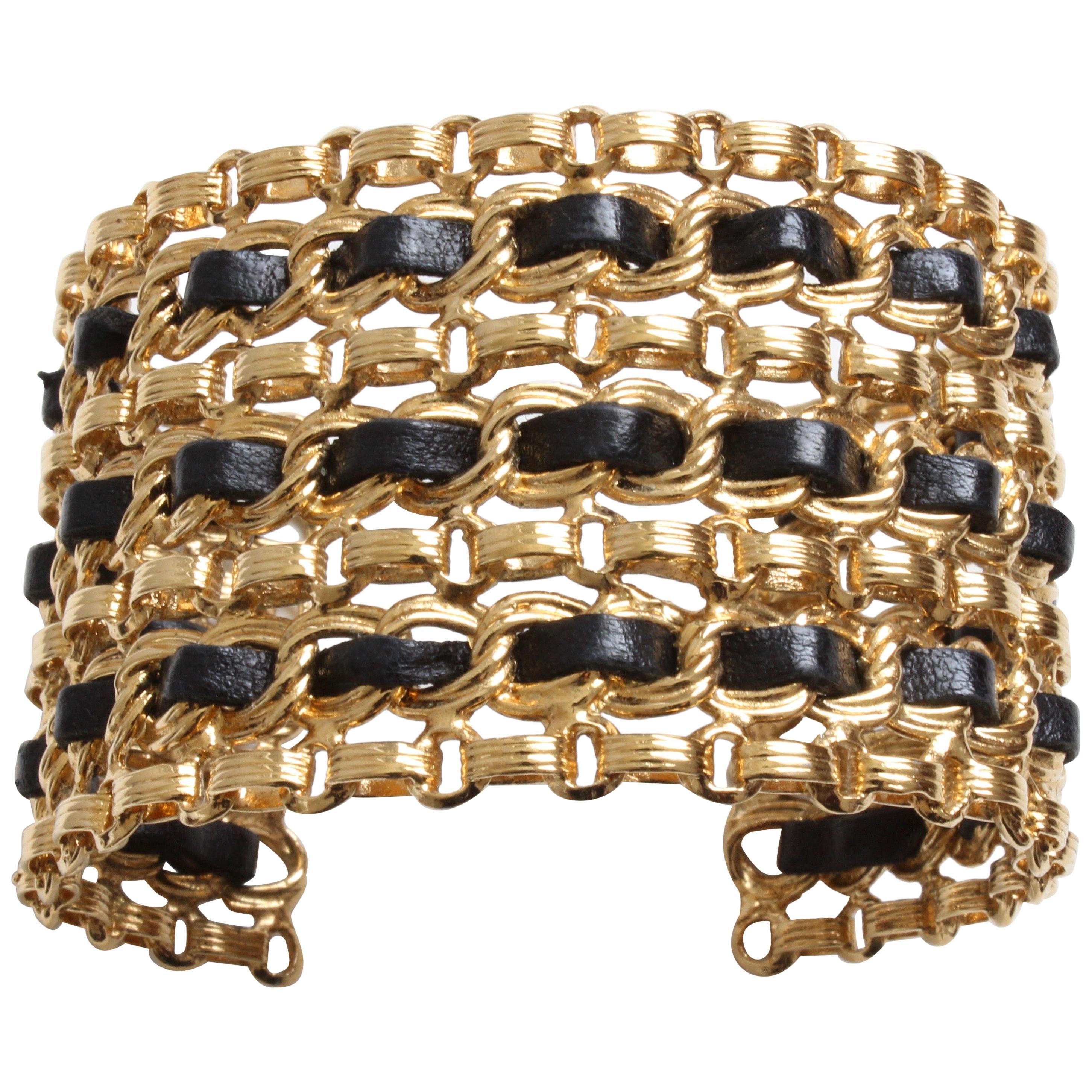 Chanel Vintage Gold Chain and Black Leather Wide Cuff Bracelet 