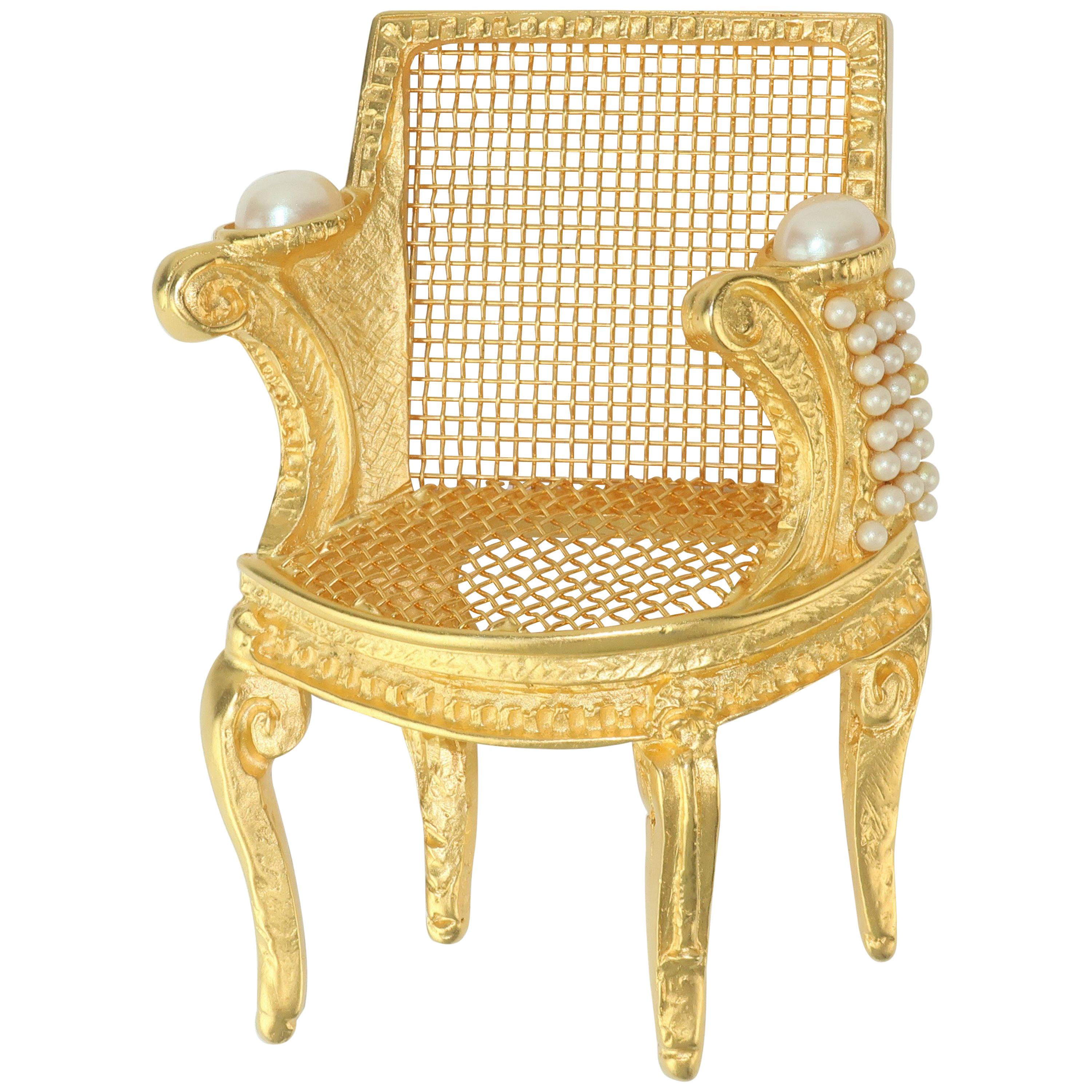Large Karl Lagerfeld Gilt Gold 3-D Chair Brooch With Pearls