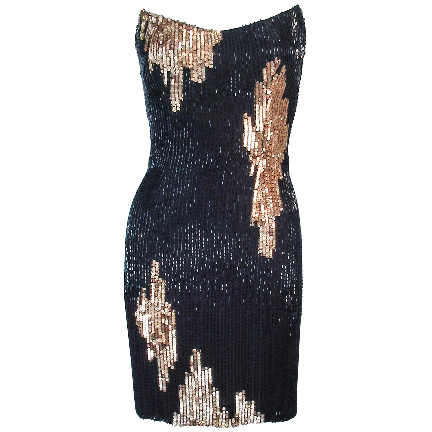 Bob Mackie Black and Gold Beaded Cocktail Dress with Structured Bust 