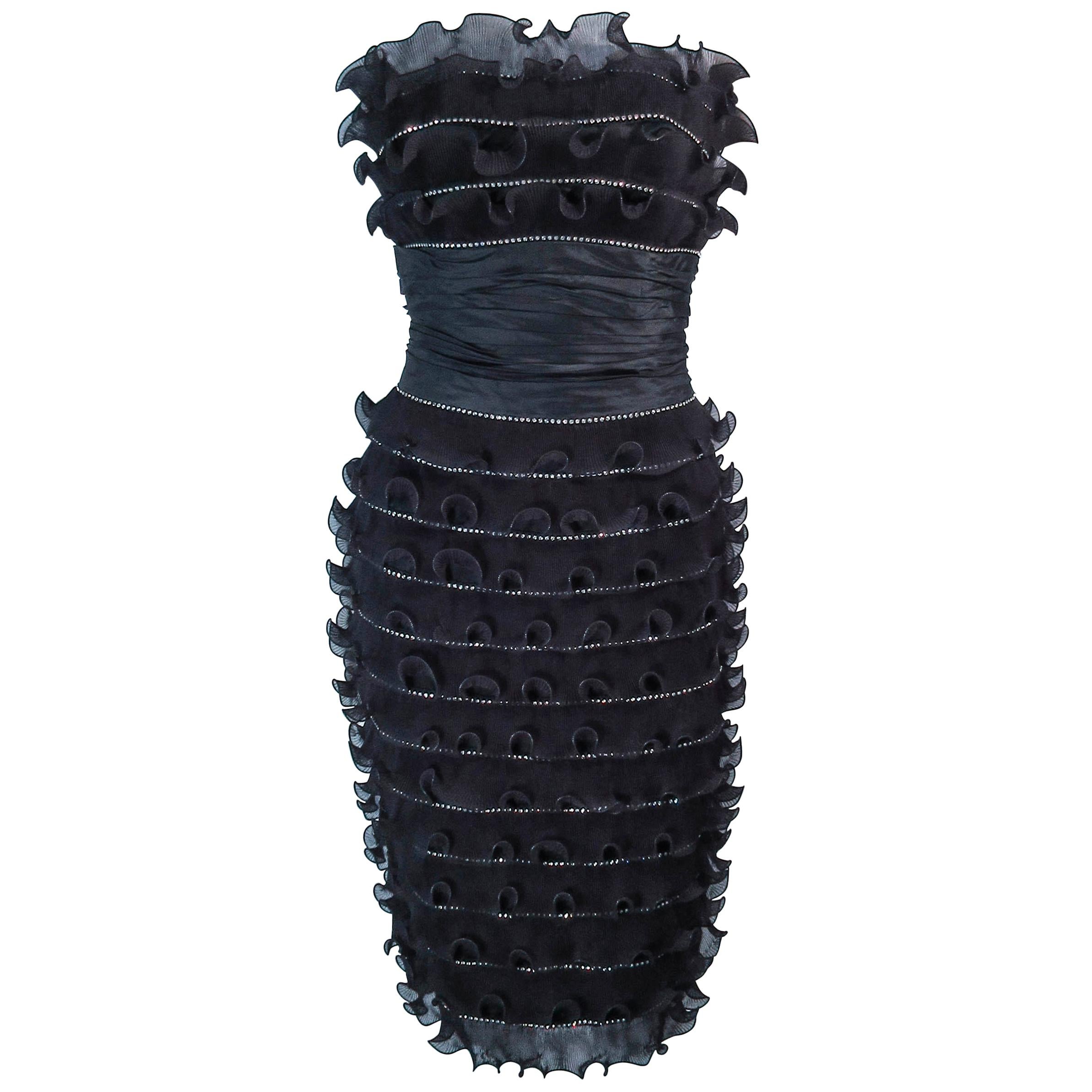 JIKI Monte-Carlo Creation Black Pleated Ruffle Rhinestone Cocktail Dress Size 38 For Sale