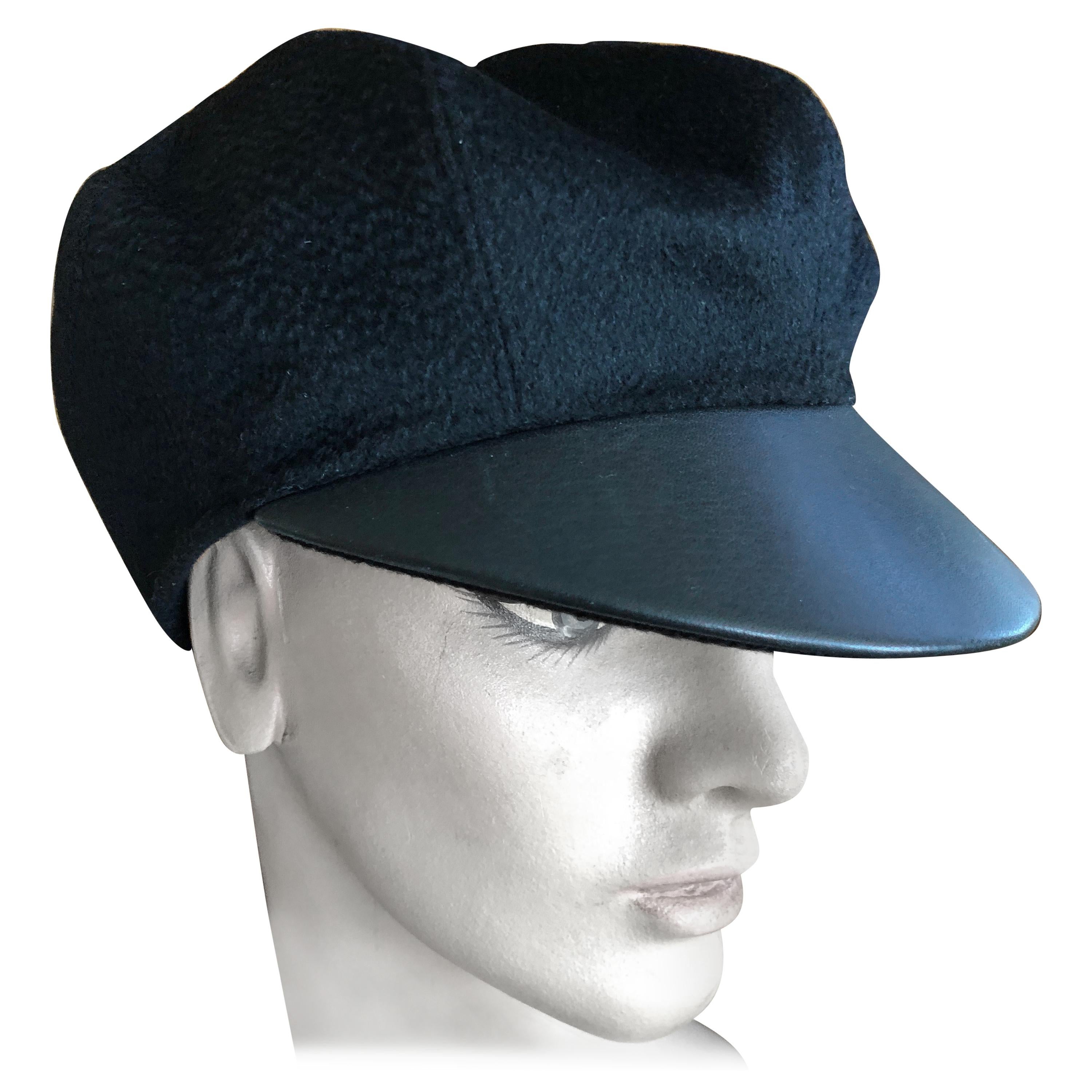 Hermes Black Pure Cashmere Newsboy Hat with Leather Visor  For Sale