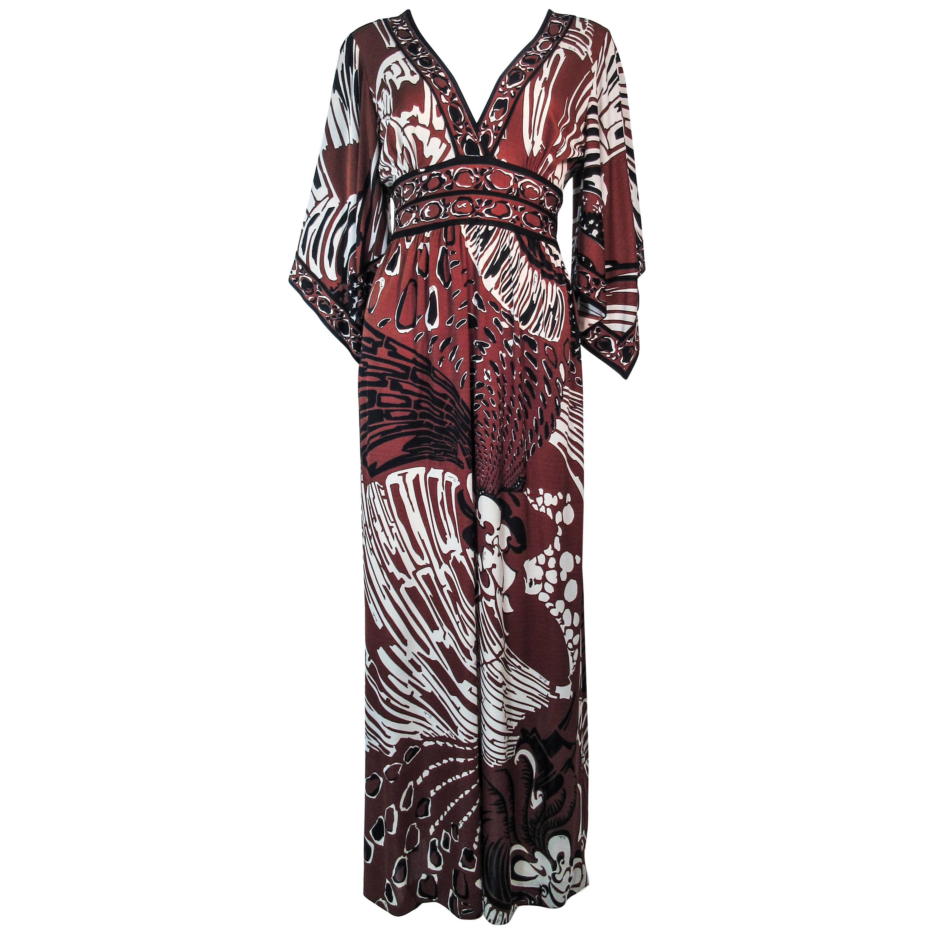 Pucci Vintage Brown and Black Silk Maxi Gown with Draped Sleeves 