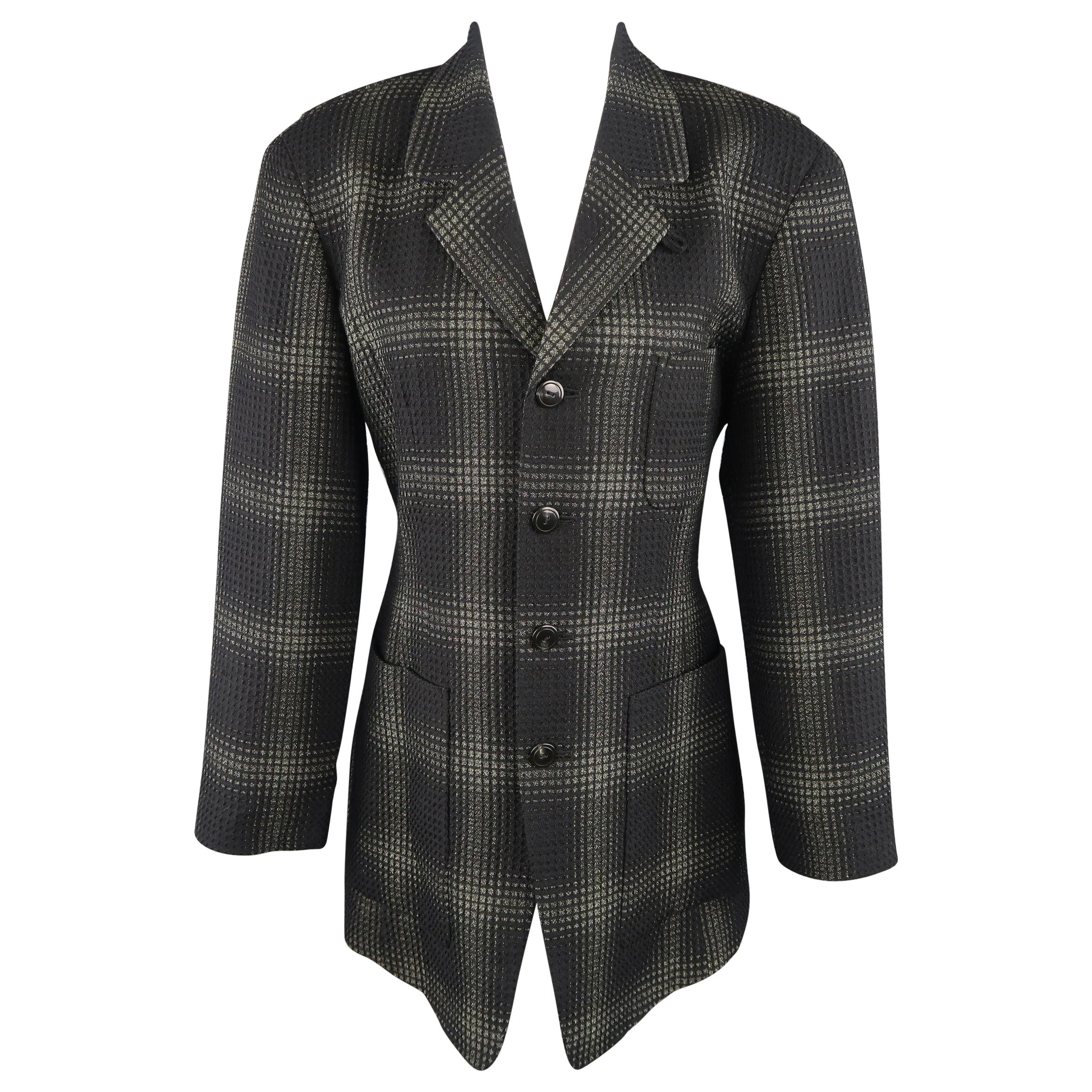 MATSUDA Size L Black & Moss Green Plaid Wool / Silk Jacket