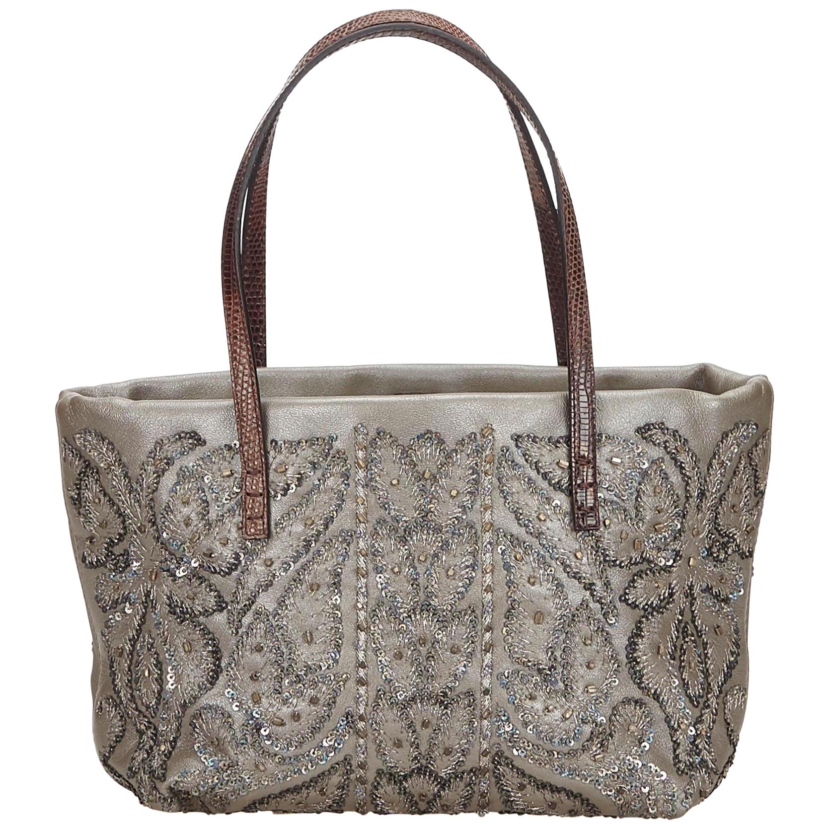 Fendi Gray x Brown Beaded Leather Tote