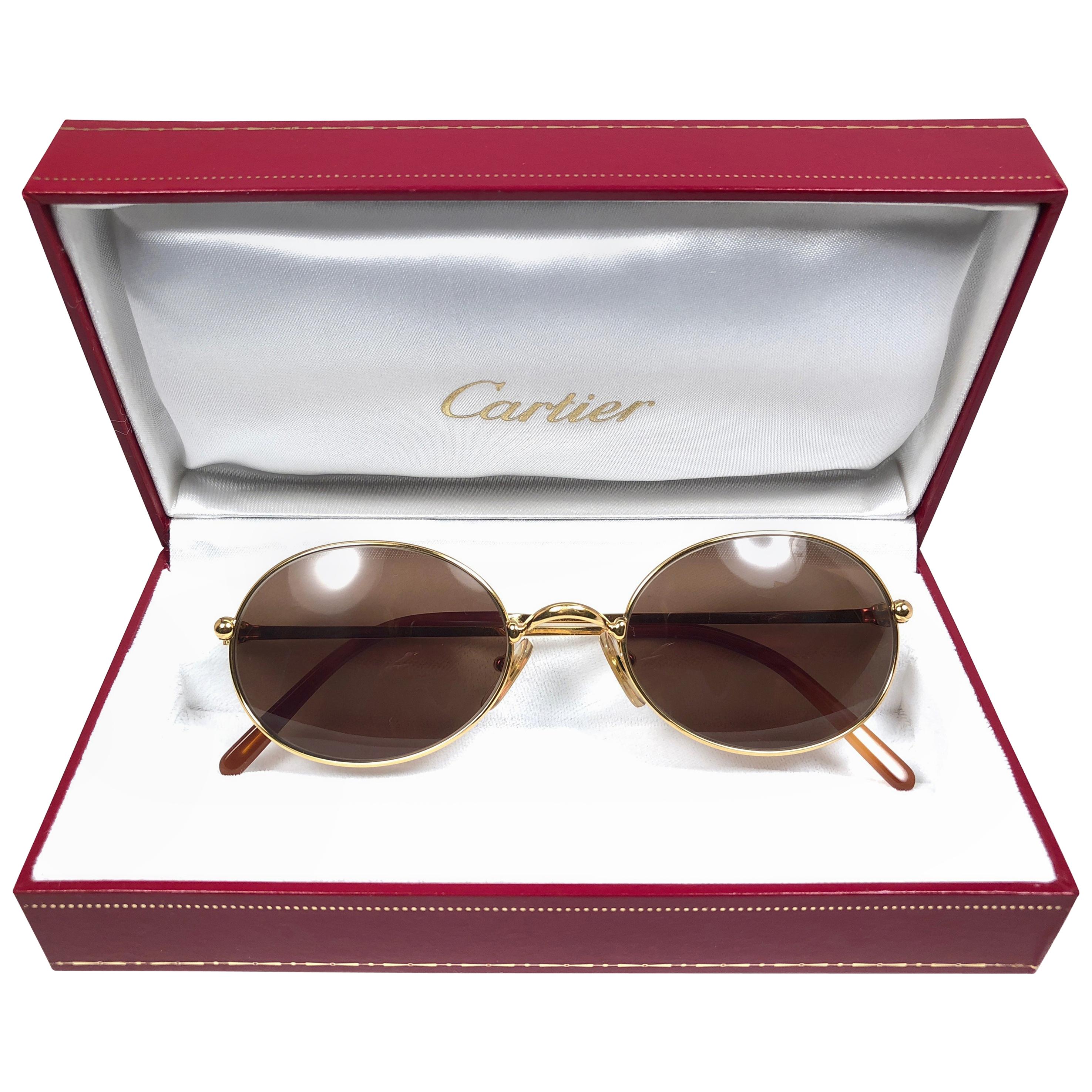 New Vintage Cartier Saturne Gold Plated Solid Brown Lens France 1990 Sunglasse