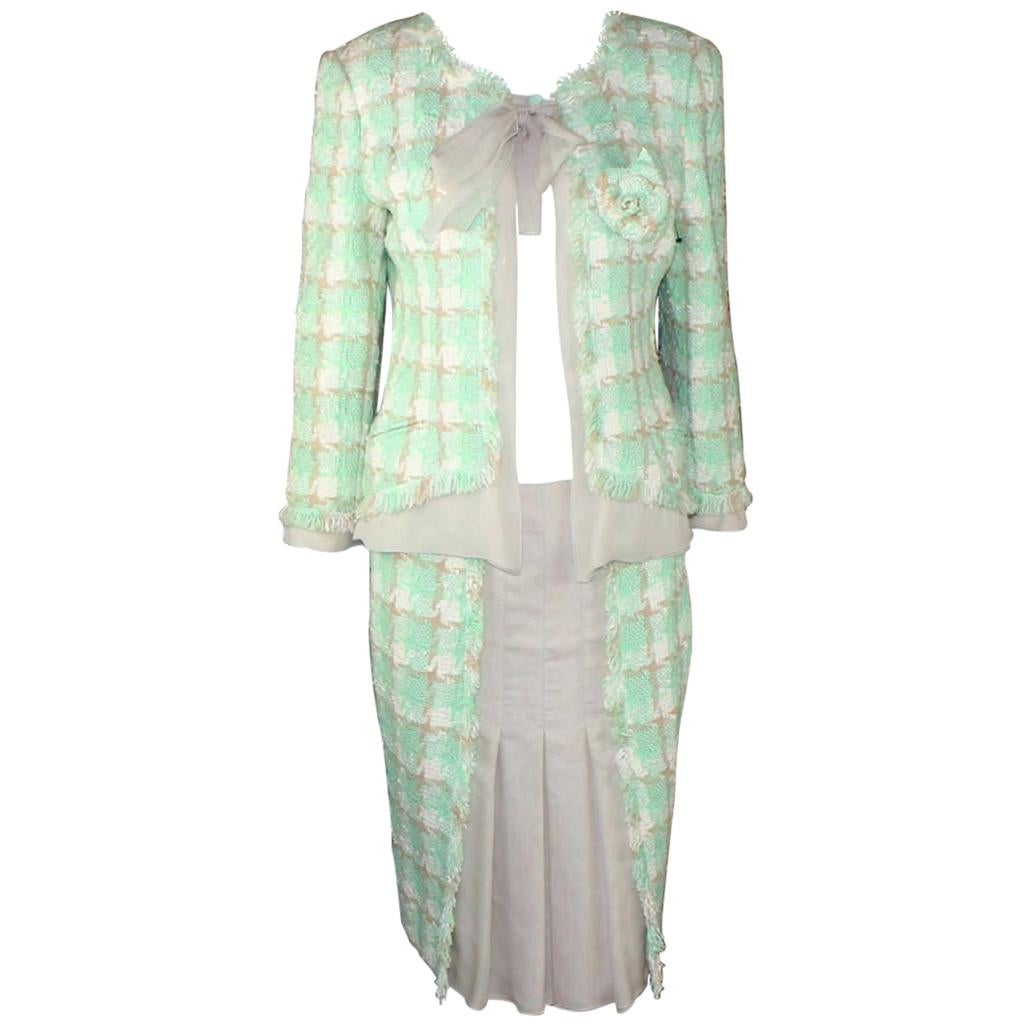 Iconic Chanel Lesage Fantasy Tweed and Silk Camellia Pastels Skirt Suit 