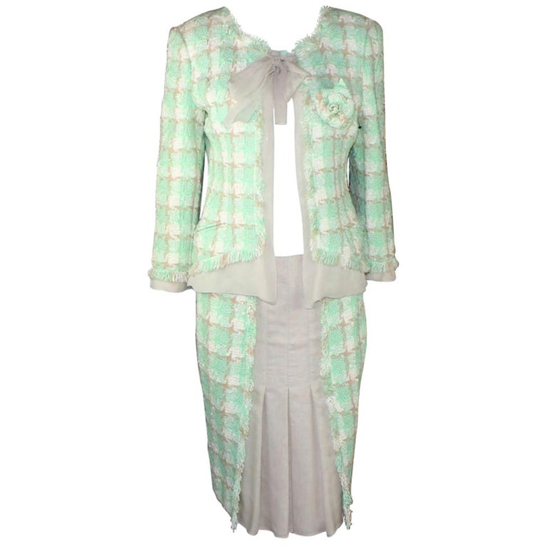 Iconic Chanel Lesage Fantasy Tweed and Silk Camellia Pastels Skirt Suit