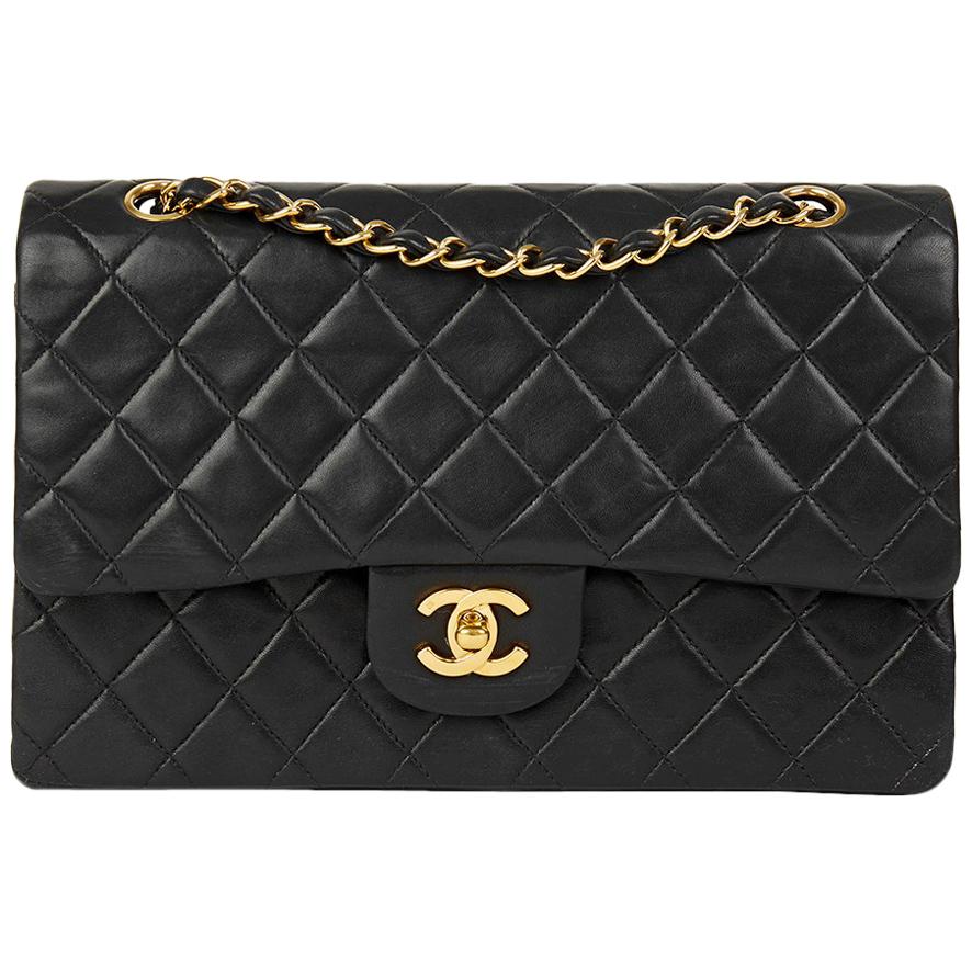 1992 Chanel Black Quilted Lambskin Vintage Medium Classic Double Flap Bag 