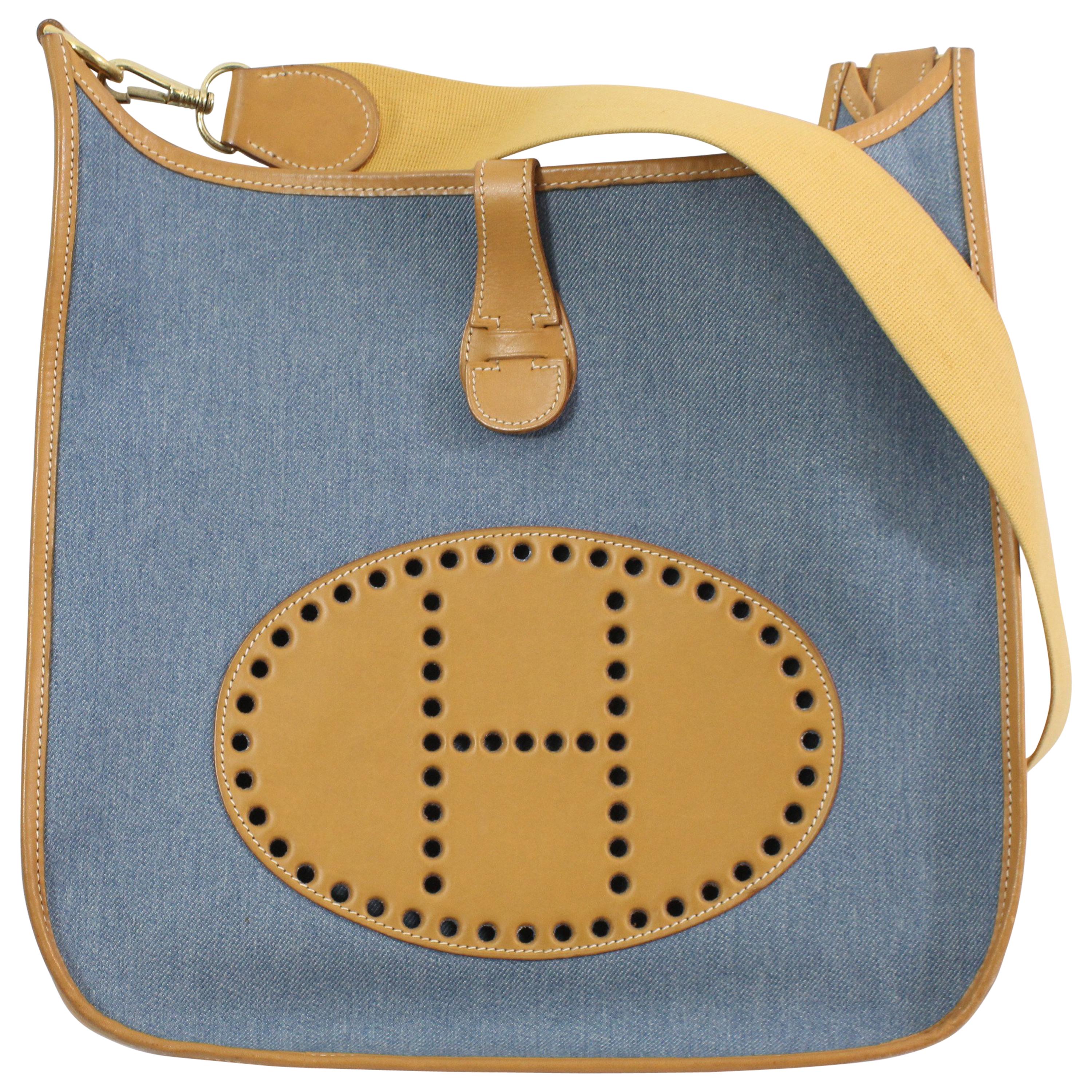 2002 Hermes Evelyne GM Blue Denim and Natural Leather Bag.