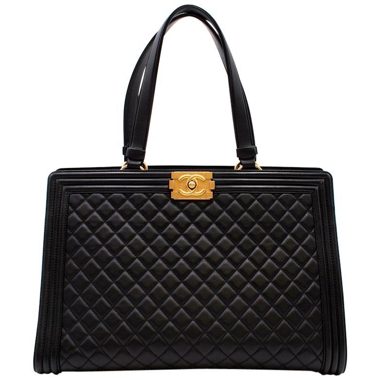 Chanel Black Quilted Leather Boy Shopping Tote Bag For Sale