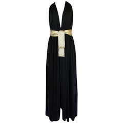 Documented 1980 Bill Tice Plunge Black & Gold Backless Halter Dress