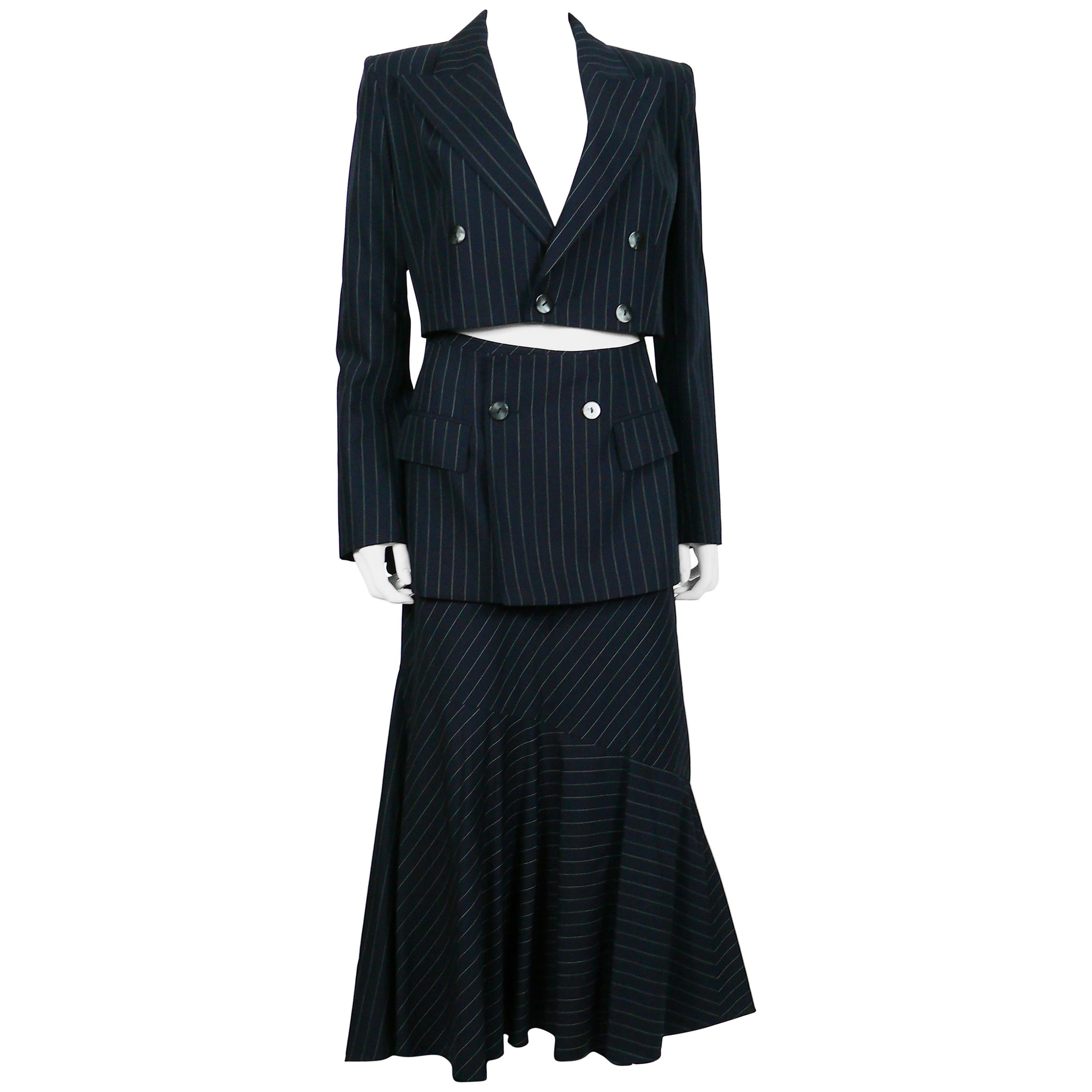 Jean Paul Gaultier Striped Navy Blue Suit with Cut-Out Waist Blazer